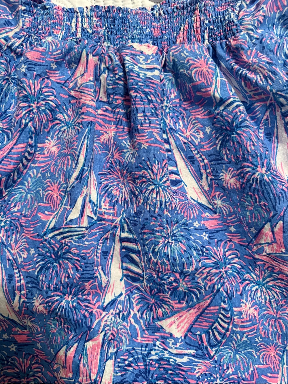 Lilly Pulitzer Blue & Pink Sailboat Smocked Off (or On) Shoulder Top - Picture 10 of 12